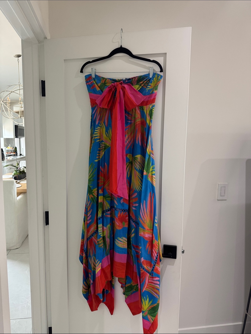 FARM Rio Blue Tropical Strapless Handkerchief-Hem Dress with Pink Bow
